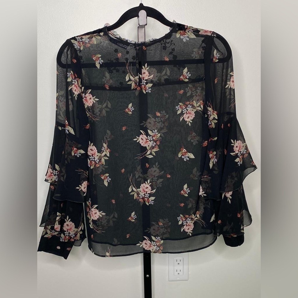 Zara Women Cut Out Flared Sleeve See Through Black Floral Blouse - Picture 2 of 9
